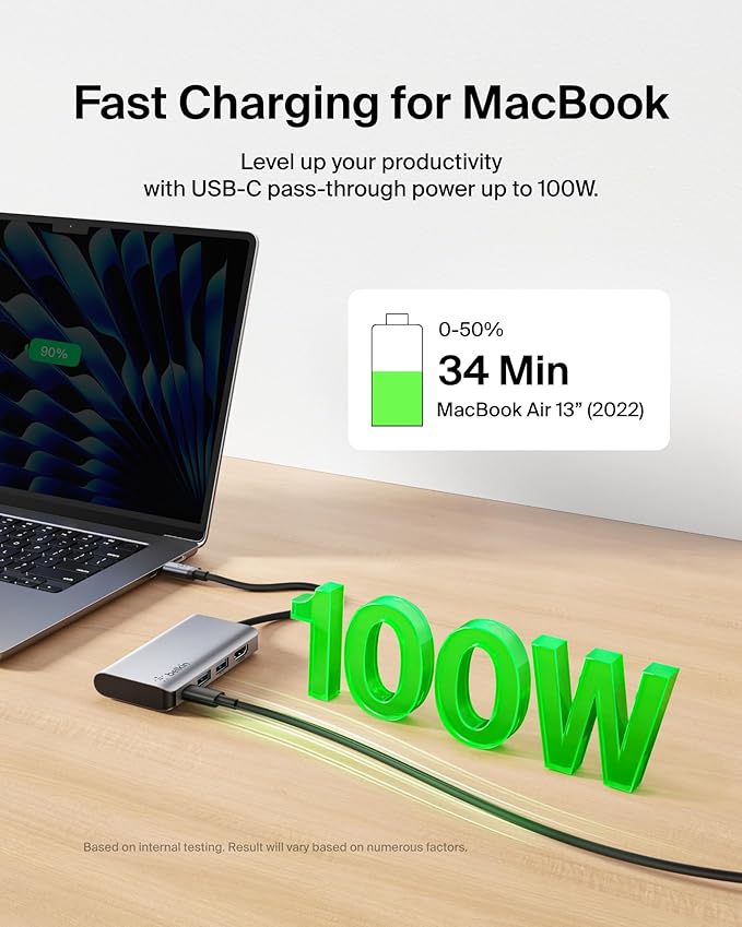 Belkin USB C Hub, 4-in-1 Multi-Port Laptop Dock with 4K HDMI, USB C Docking Station with 100 Watt Pass-Through Power Delivery, 2 X USB A Ports For MacBook Pro, Air, iPad Pro, Chromebook and More