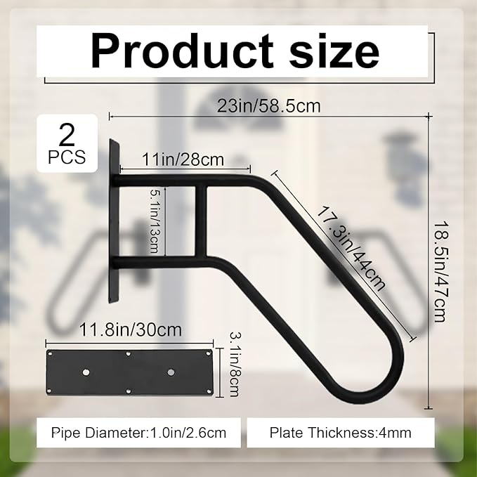2 Pack Outdoor Handrail for 1-3 Step Stairs, 28.7” Wall Mount Stair Hand Railing Grab Bars Metal Stair Railing Handrails for Outdoor Steps, Garage, Porch, Garden, Indoor (Simple Bent Shape)