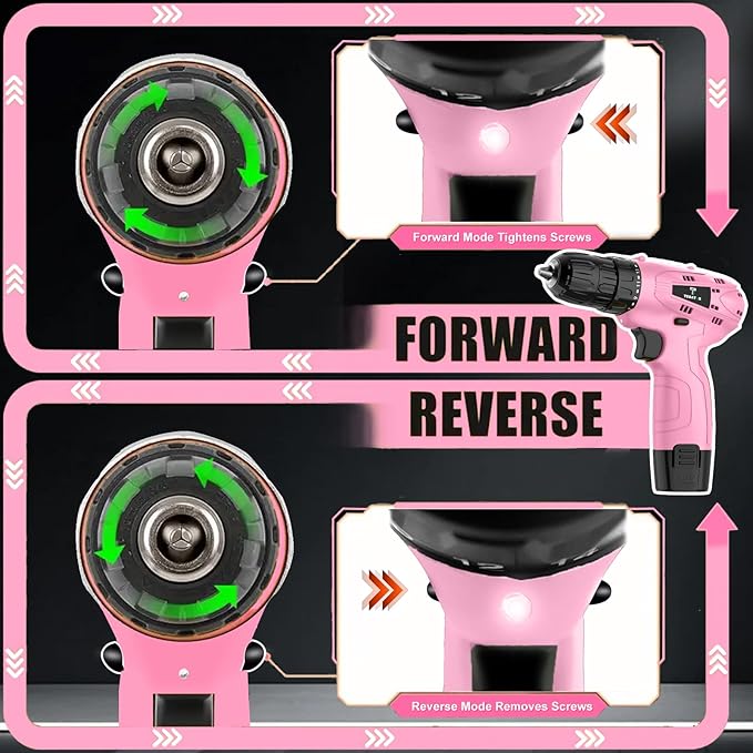 Cordless Drill Set,12V Power Drill Set with Battery and Charger, Electric Driver Drills Bits, 3/8'' Keyless Chuck,18+1 Torque Setting with LED Electric Drills Set, Pink