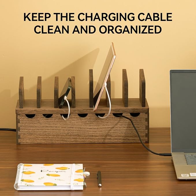 KIRIGEN Charging Station Organizer for Multiple Devices Desktop Organizer Wooden Cable Management with 7 Ports for Cell Phones, Tablets, Earphones GDXH-DBR