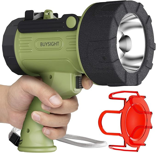 BUYSIGHT Rechargeable Spotlight Flashlight,1000000 Lumen Hand held Spot Lights Waterproof led Flashlight Hunting Lamp with red Filter (Matcha Green)