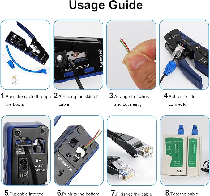 Pass Through RJ45 Crimp Tool Kit, Ethernet Crimping Tool Kit for Cat5/Cat5e/Cat6 with Cable Tester, 30PCS Connectors & Boots, Wire Crimper Stripper Cutter for Network Installation