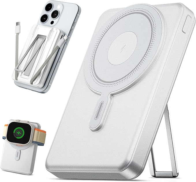 for Magsafe Power Bank 10000mAh, Magnetic Wireless Battery Pack with Stand and Cables, PD 20W Fast Charging Portable Charger for iPhone 16 Pro Max/15/14/13/12 Mini, Apple Watch