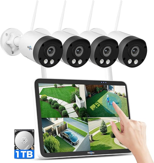 Hiseeu 8MP Outdoor Wireless Security Camera System, 10" Touch Screen NVR, 5G/2.4G WiFi-Pro 4K Cameras Kits, Full-Color Night Vision, Motion Detection, Two-Way Audio, IP66 Waterproof, 1TB HDD, No Fees
