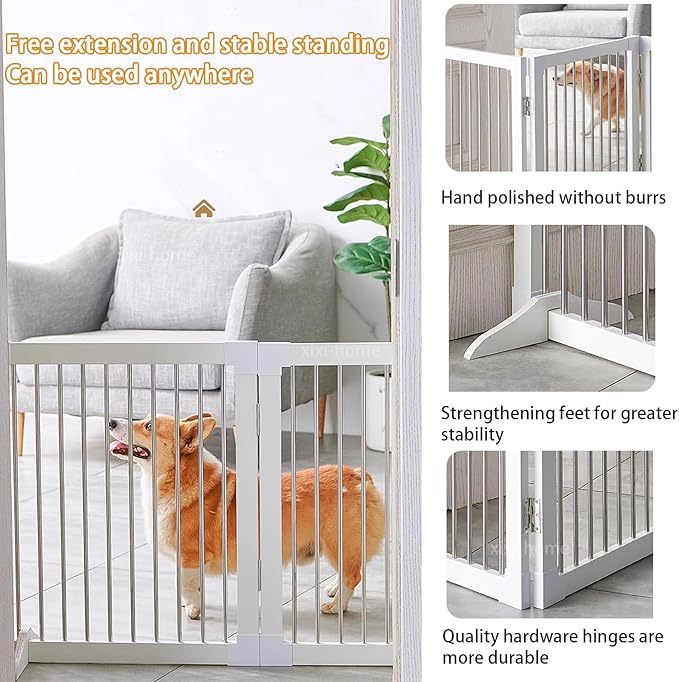Foldable Wooden Dog Gates 82.6" Wide, 27.5" Tall Freestanding Pet Gate Dog Fence No-Installation Puppy Safety Fence Extra Wide Puppy Barrier for Doorways,Stairs, or Hallways-4 Panel，White