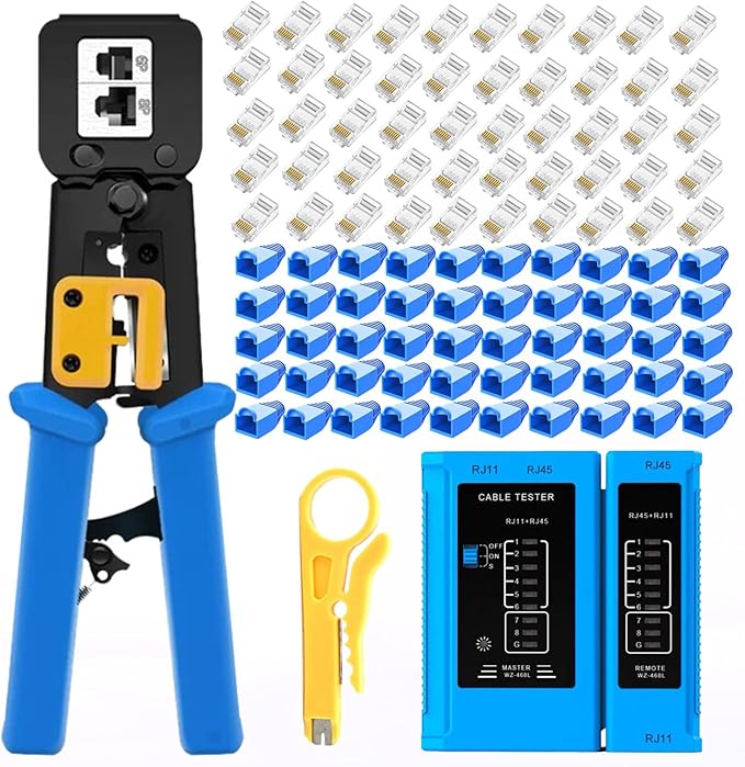 rj45 Crimping Tool for Cat6 Cat5e Cat5, Sturdy Crimper for rj45 rj12/11 Pass-Through Connectors with 50pcs rj45 Cat5e Pass-Through Connectors, 50pcs Covers, Wire Stripper; Network Cable Tester