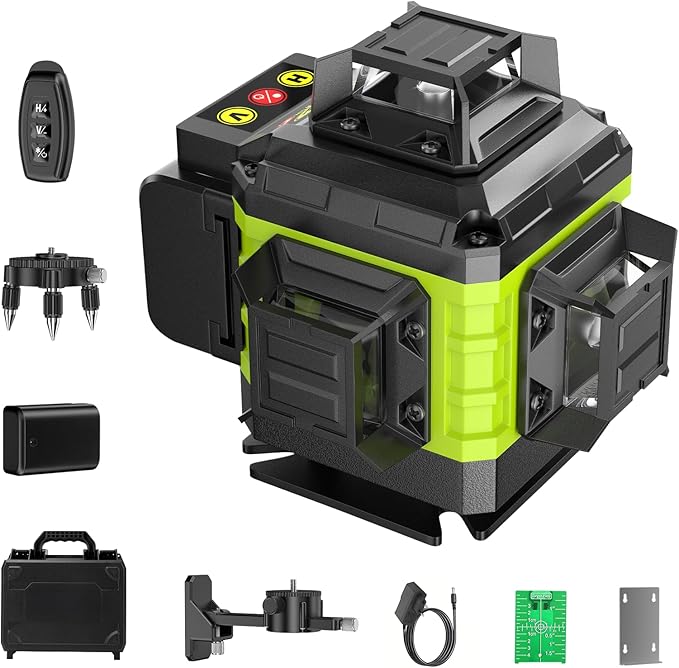 16 Line Laser Level 360 Self Leveling, 4x360°Professional 4D Green Cross Line laser Level with 2 Batteries, Adjustable Brightness & Remote Control, for Tiling Floor Construction and Picture Hanging