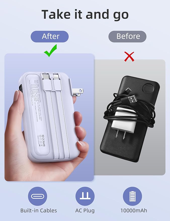 RORRY Portable Charger Built in Cables, AC Wall Plug in Portable Charger Power Bank 10000mAh Travel Battery Pack 22.5W Fast Charging for iPhone 16/15/14 Samsung Galaxy S24/S23 Pixel LG iPad, Purple