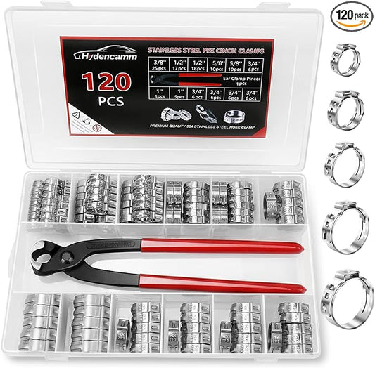 120PCS 5 Sizes PEX Clamps Kit with Plier, 1/2'', 3/4'', 3/8”, 5/8'', 1'', Premium 304 Stainless Steel Cinch Crimp Rings, PEX Tool Kit Assortment for PEX Tubing Pipe Fitting Connections By Hydencamm