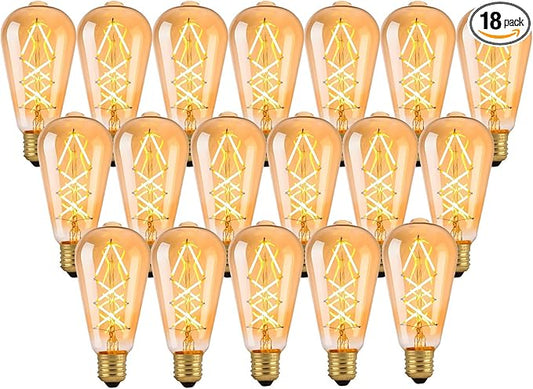 OMED LED Edison Light Bulb 18 Pack, Dimmable Vintage Style Amber Glass Criss-Cross Filament LED Bulbs, 60 Watt Equivalent 2700K Soft White Edison Bulb, 600 Lumens 6W Medium Base E26 ST64 Light Bulb