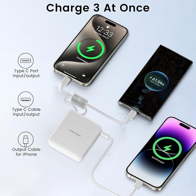 LUCKYDUO Small Portable Charger, Fast charging 22.5W Slim Power Bank 10000mAh with Built-in Cables, LED Display USB-C Mini Battery Pack Travel Essential, Compatible with iPhone, Samsung,Android, White