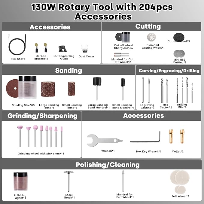 Enventor 130W Corded Rotary Tool, Power Electric Rotary Tool Kit with 204pcs Accessories Kit, 6-Speed 10,000-35,000RPM, Power Multi-Purpose Set for Sanding, Polishing, Engraving, Drilling, DIY Crafts