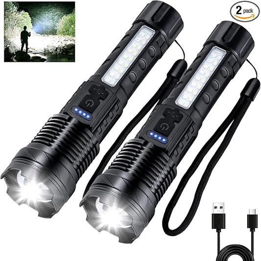 Rechargeable Flashlights High Lumens 980,000L (2 Packs), Super Bright LED Handheld Flash Light with USB C, COB Side Light, 7 Modes, Waterproof, Battery Powered Flashlight for Emergency, Home