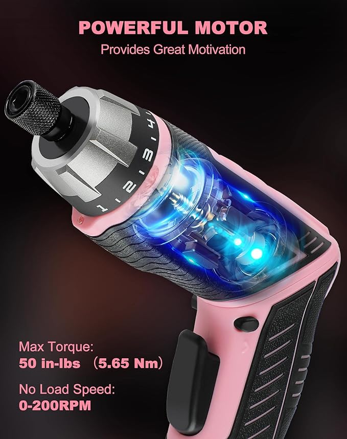 AVID POWER Electric Cordless Screwdriver Set Rechargeable 4V Power Screwdriver Kit with 44pcs Accessories, 5.65Nm Screw Gun, 5+1 Torque Setting, 2 Position Handle with LED Light - Pink Tools for Women
