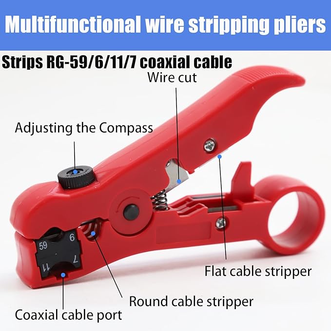 Coax Cable Crimper Kit Coaxial Compression Tool F RG6 RG59 RG11 75-5 75-7 Fitting Wire Coax Stripper 20PCS F Male And 10pcs Female Connectors
