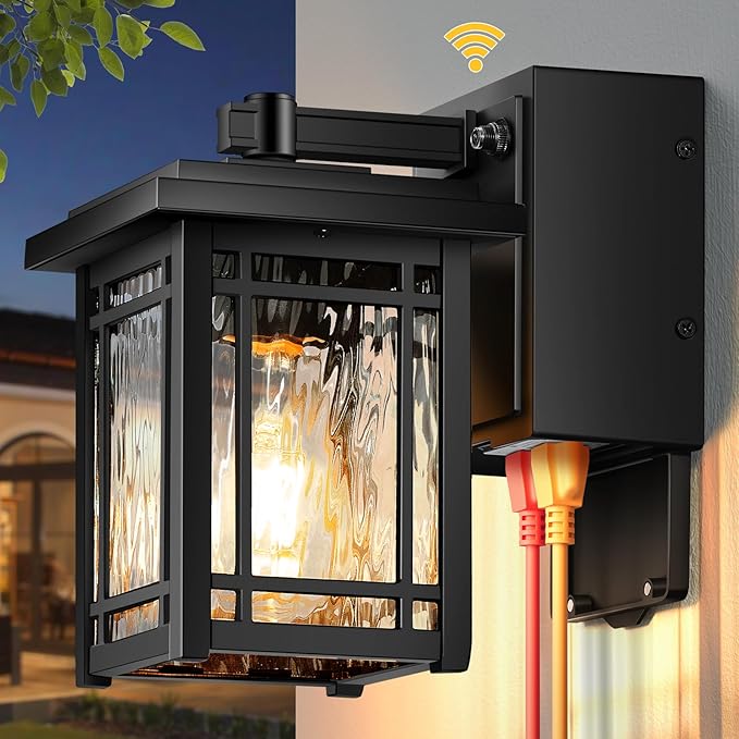 Porch Light with GFCI Outlet, Black Dusk to Dawn Outdoor Wall Light, Exterior Sconce Light Wall Mount, Waterproof Outdoor Garage Lighting Fixtures, Modern Outside Wall Lantern for House, Coach