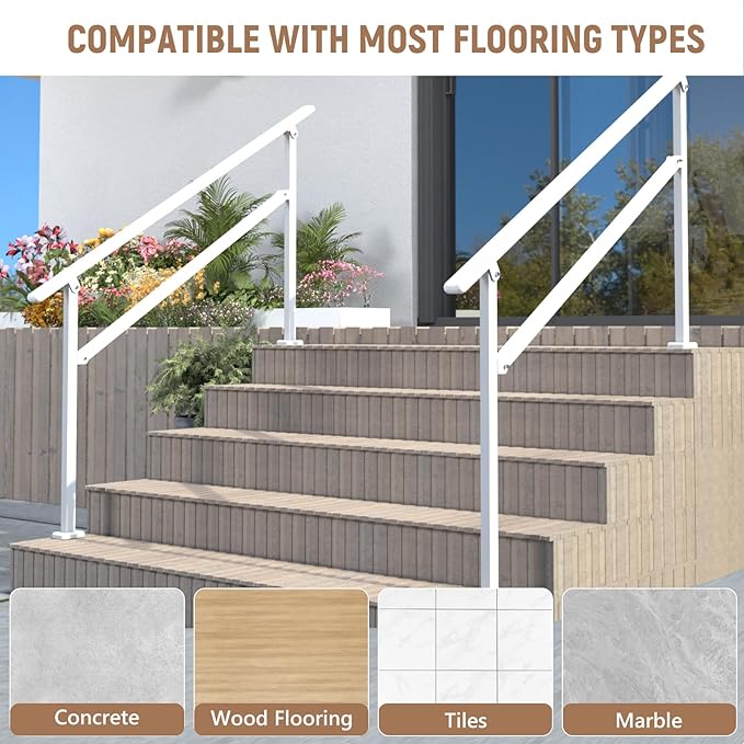 Hand Rails for Outdoor Steps,4-5 Step Railing for Stairs,Adjustable Porch Railing,Hand Rails for Seniors,Outdoor Deck Handrails for Exterior Steps,White