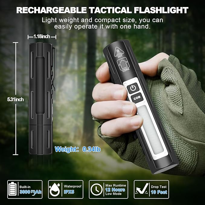 Small LED Rechargeable Magnetic Flashlights 20000 High Lumens - Super Bright Long Beam Pocket Powerful Flashlight 8 Modes with COB Work Light, Dual Button Tactical Flashlight for Camping Emergency