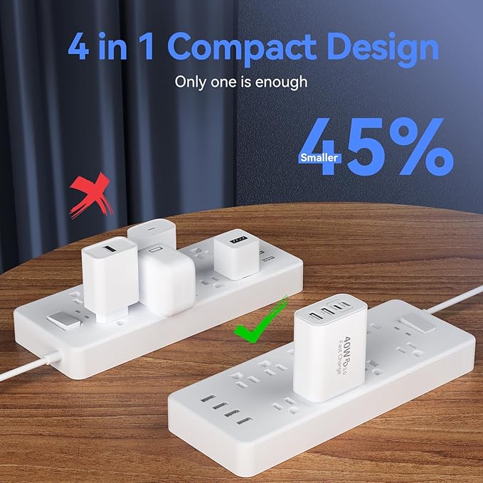 USB C Wall Fast Charger Block, 40W 4-Port Type C Chargers Fast Charging Blocks PD Power Charger Adapter+QC 3.0 USB Multiport Charger Brick for Phone 17/16/15/14/13/12 Pro Max, i-Pad, Galaxy S25-3Pack