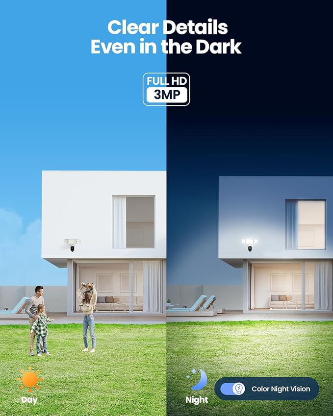 Olafus Floodlight Camera Outdoor – 2K QHD Security Cam with Motion-Activated Flood Lights, Custom Detection Zones, Color Night Vision, 2-Way Talk & 55W Dimmable Lighting White