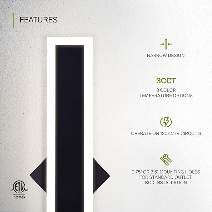 ASD LED 24" Long Wall Mount Light Fixture, Outdoor & Indoor Linear Sconce | 3CCT, Dimmable, Waterproof, Anti-Rust, ETL Listed | 24W 2000LM 3000-5000K 100-277V | Exterior Porch Lighting | Black