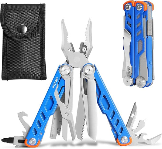 HANSHI 15 in 1 Multitool Pliers with Scissors, Upgraded Heavy Duty Stainless Steel Multi Tool with YG10 Tungsten Steel Replaceable Wire Cutters for Survival, Camping, Hiking,Repair and Gift (Blue)