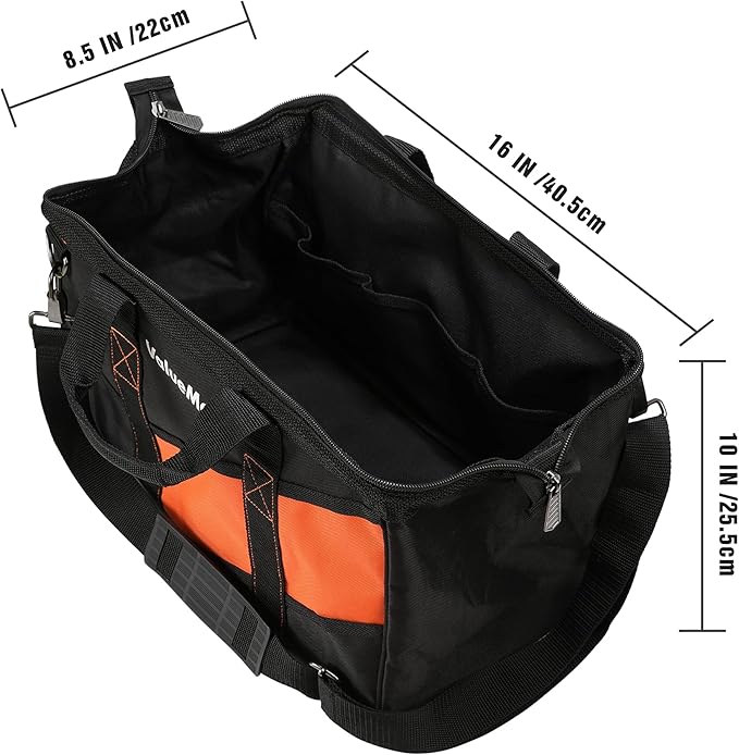 ValueMax 16-Inch Wide Mouth Tool Bag, Tool Organizer Tote Bag with Shoulder Strap, Heavy-duty Tool Storage Bag with 13 Pockets for HVAC, Plumber, Mechanic