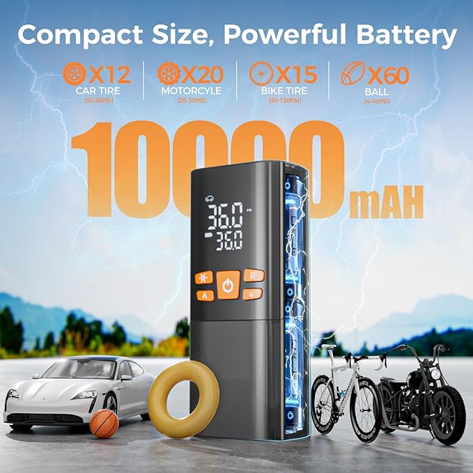 Tire Inflator Portable Air Compressor 150PSI - 10000mAh Cordless Pump with 12V DC Power & Auto Shut-off, Fast Inflation for Car, Motorcycle, Bike, Ball - Built-in LED Light