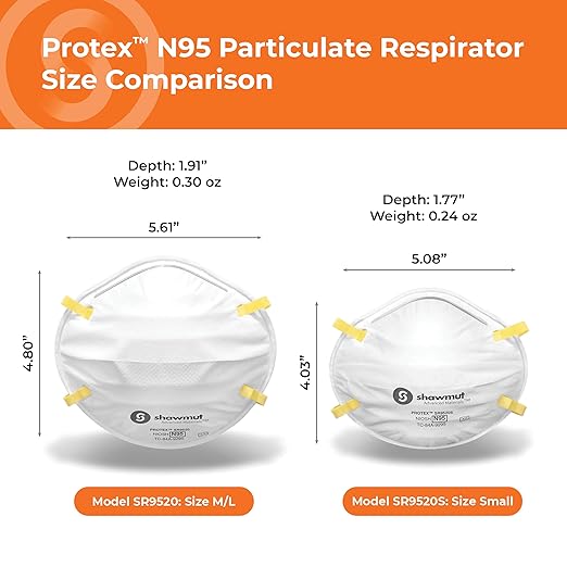 Shawmut Protex™ N95 Mask, Made in the USA NIOSH Approved, Particulate Respirators, Protective Face Mask for Dust, Construction, Medical, 12 Pack of 20 (Approval Number TC-84A-9295 / Model SR9520)