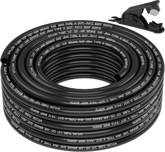 50FT 1/2 DOT Air Line SAE J844 PA12 Nylon Air Hose with Cutter 1/2” OD Pneumatic Tubing DOT Approved 1/2 Air Brake Hose for Air Suspension Kit Truck Trailer Brake System & Fluid Transfer 15.5m