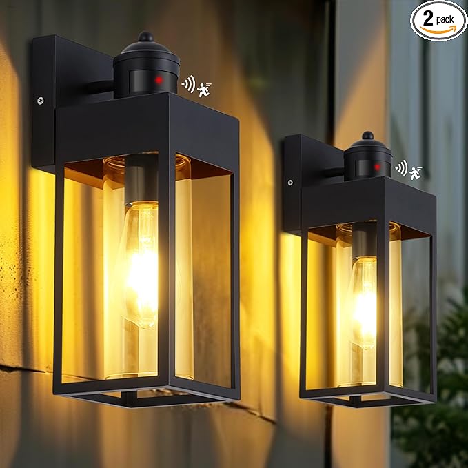 2-Pack Motion Sensor Outdoor Lights, Upgrade Dusk to Dawn Exterior Lighting Fixtures, Modern Porch Lights with Cylinder Lampshade, LED Wall Sconce for Garage Patio Garden House
