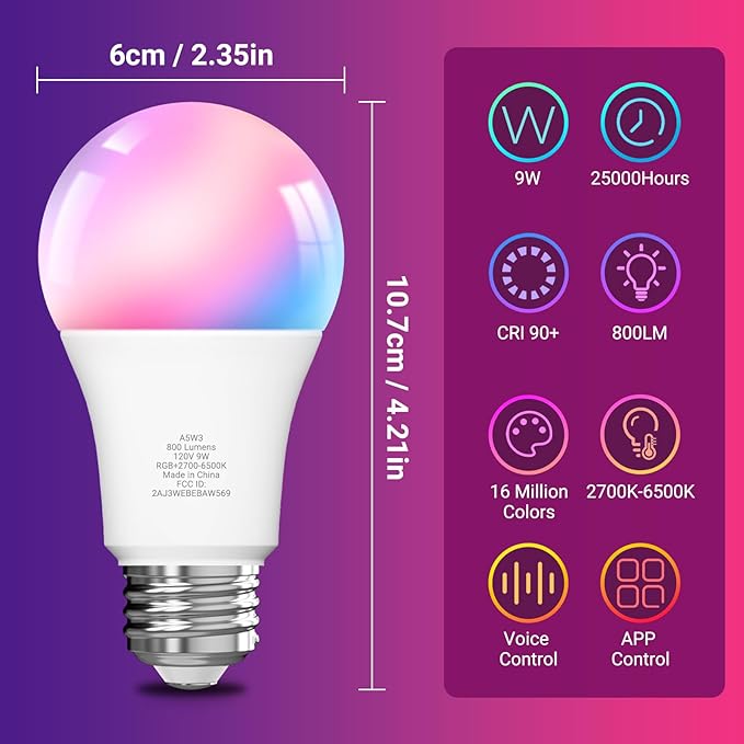 VOLIVO Smart Light Bulbs, Color Changing LED Bulb, Compatible with Alexa and Google Assistant, WiFi & Bluetooth Smart Bulbs, Music Sync, A19, E26,9W,800 Lumens, 4 Pack