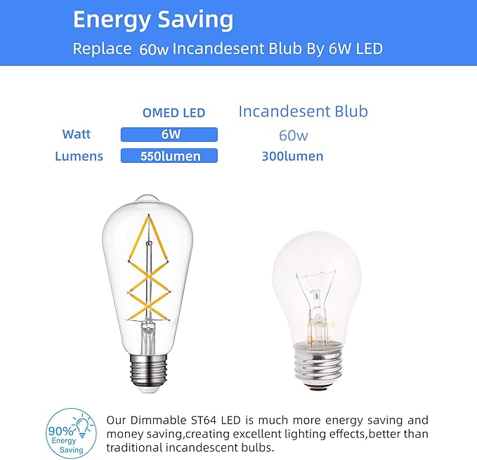 OMED Dimmable E26 LED Edison Bulb 60 watt, Clear Glass 2700k Soft White Vintage Light Bulbs, Cross LED Filament Retro Edison Bulbs for Ceiling Fan, Porch,Bathroom, Farmhouse Light Bulbs 6 Pack