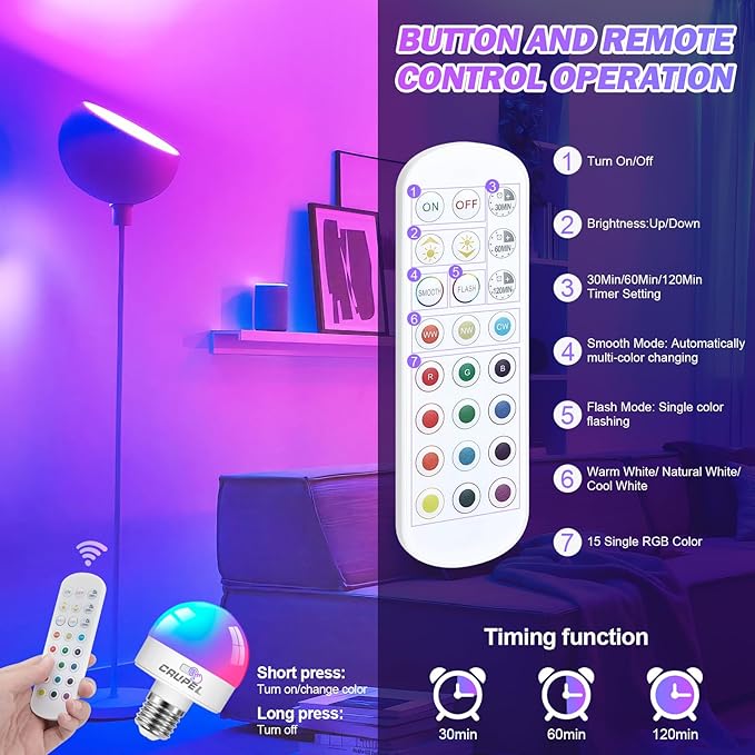 RGBCW Rechargeable Battery Operated Light Bulbs, E26 Detachable LED Bulb with Remote Control, 60W Equivalent, 500Lum, 3 Color Temperatures, 15 RGB, Emergency Light Bulbs for Home, Outdoor, 2 Pack