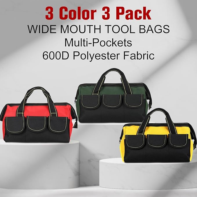 Sanwuta 3 Pack Tool Bag for Men with Waterproof Hard Bottom, Heavy Duty Tool Bag Wide Mouth Tote for Various Instrument, Electrician Carpenter Mechanic(13 Inch,Red, Army Green, Yellow)