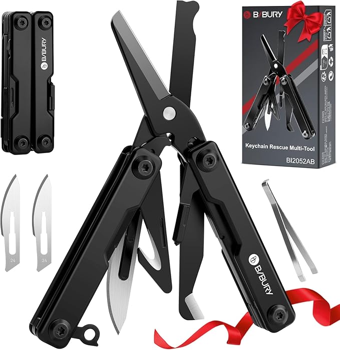 BIBURY Mini Multitool BI2052AB, EDC Multitool Scissors w/Window Breaker, Seat Belt Cutter, Bottle Opener for Outdoor Survival, TSA Approved Keychain Multi-tool Cool Gadget, Gifts for Men and Women