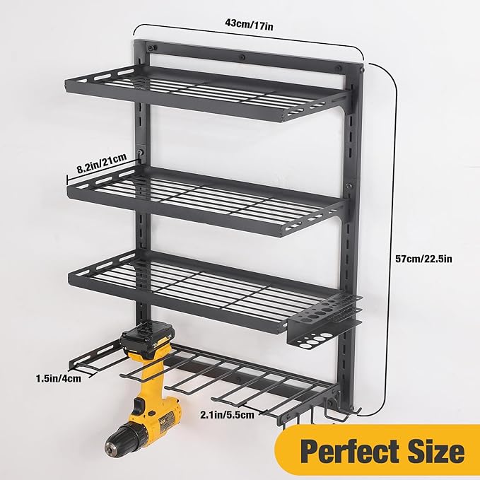 COFIT 4-Tier Power Tool Organizer, Power Drill Tool Holder, Wall Mount Tool Storage Organizer, Adjustable Height Iron Tool Rack for Garage Organization and Workshop