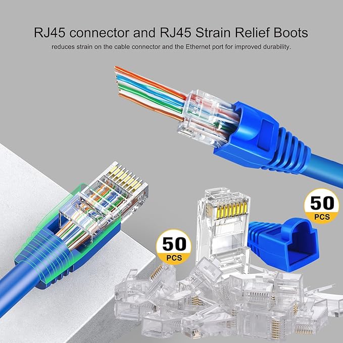 PETECHTOOL RJ45 Crimp Tool Pass Through Cat7 Cat6 Cat5 Crimping Tool with 50-Pack Cat6 RJ45 Pass Through Connector, 50-Pack RJ45 Boots, Network Cable Tester, Wire Cutter and mini Wire Stripper