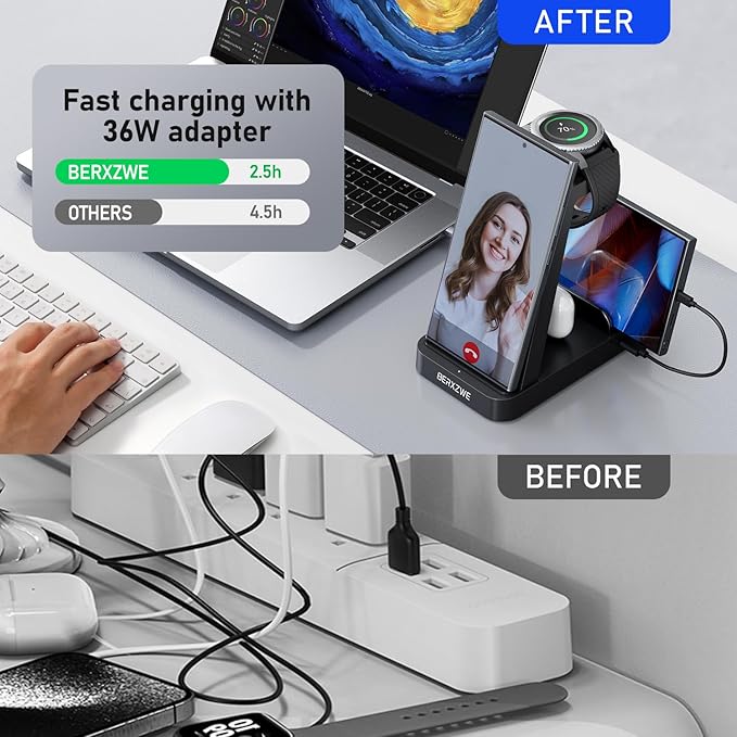 Wireless Charger for Samsung Charging Station, 5 in 1 Wireless Fast Charger for Galaxy S25 Ultra/S24 Ultra/S23/S22, Watch Ultra 7/6/5/4/3, Charger Dock Stand for All Galaxy Tab Series,Black