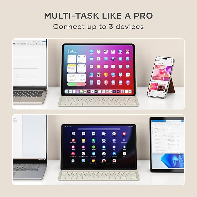 Satechi OntheGo Bluetooth Keyboard with Adjustable Stand, Connect up 3 Devices, USB C Rechargeable Battery, Compact and Portable Keyboard for iPad, Tablet – Sand