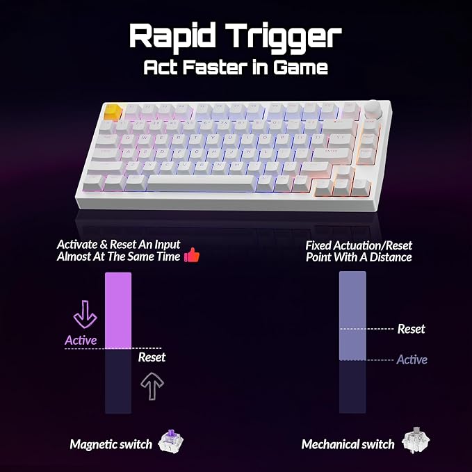 P1 HE 75% Wireless Custom Mechanical Gaming Keyboard with Gateron Double-Rail Magnetic Switches Knob Version, QMK 2.4 GHz Bluetooth 5.2 RGB Backlight Compatible with Mac Windows Linux-White