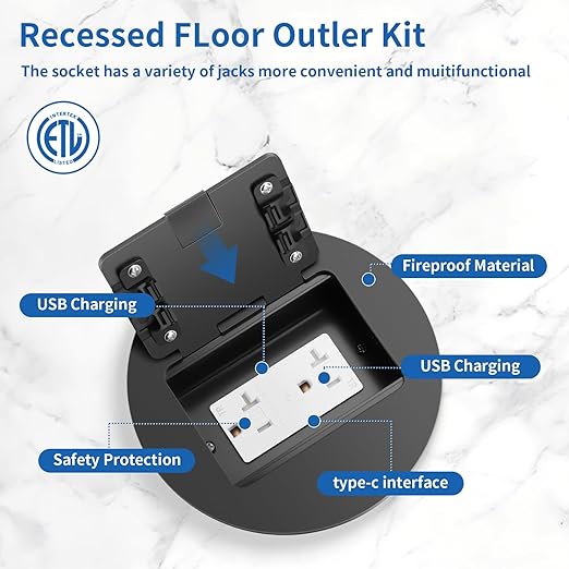 Vagueior Recessed Floor Electrical Outlet Kit, Circular Hidden Duplex 20A Tamper-Resistant Receptacle Outlet ，Waterproof Electrical Outlet Covcer Box,UL Certified,Black（2 Pack
