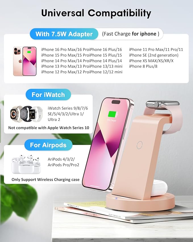 3 in 1 Charging Station for Apple Device, Wireless Charger for iPhone 16 15 14 13 12 11 Pro Max & Apple Watch iwatch- Charging Stand Dock for AirPods