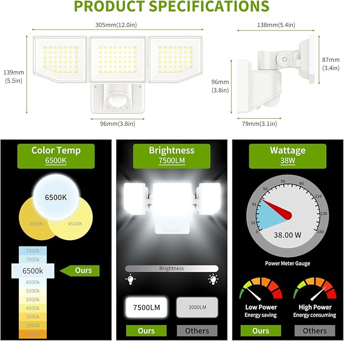 38W LED Security Lights Outdoor with Remote Control, 7500LM Motion Sensor Floodlight, 3 Modes, 6500K, IP65 Waterproof, Dusk to Dawn 3-Head Fixture for Garage, Yard, Porch (White)