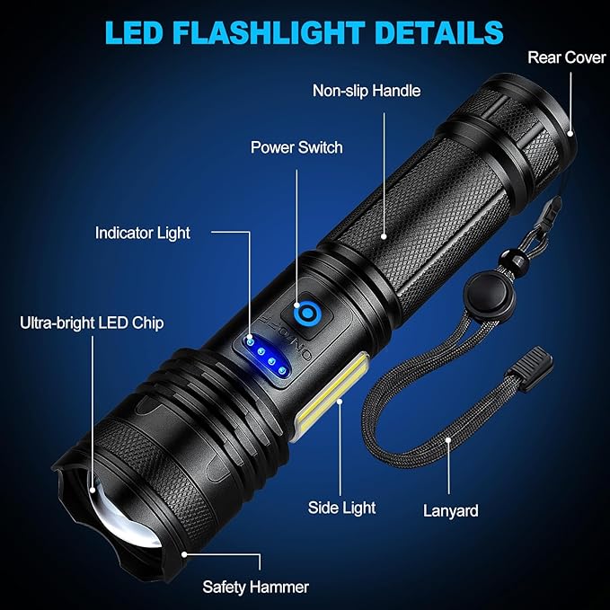 Alicegirl Rechargeable Flashlights High Lumens, 99000LM Super Bright Flashlight, Adjustable Powerful Flash Light with 8 Modes & COB Light, Waterproof Handheld Flashlight for Home Camping