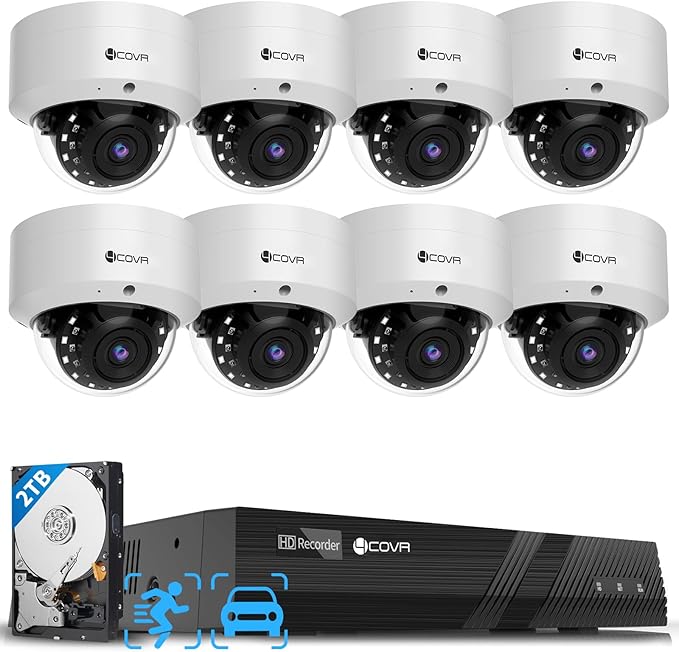 4COVR PoE Security Camera System, 8X 5MP IK10 Vandal-Proof IP67 Dome IP Camera with Audio, 8CH 4K NVR 2TB HDD, AI Human Vehicle Detection & Night Vision, 24/7 Home Recording, LY54AX5M0808