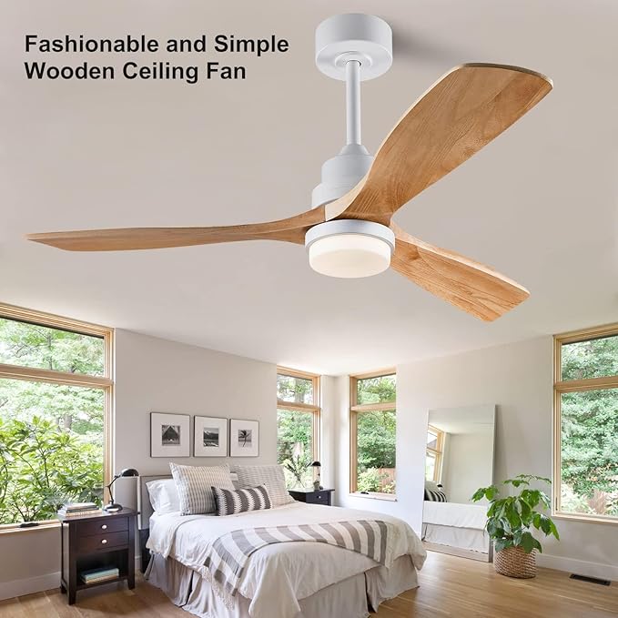52 Inch Ceiling Fans with Light Remote Control, Wood Ceiling Fans with 3 Blade and Down Rod, 6 Speed DC Motor, Indoor Outdoor Ceiling Fan for Patio, Living Room, Bedroom, Office