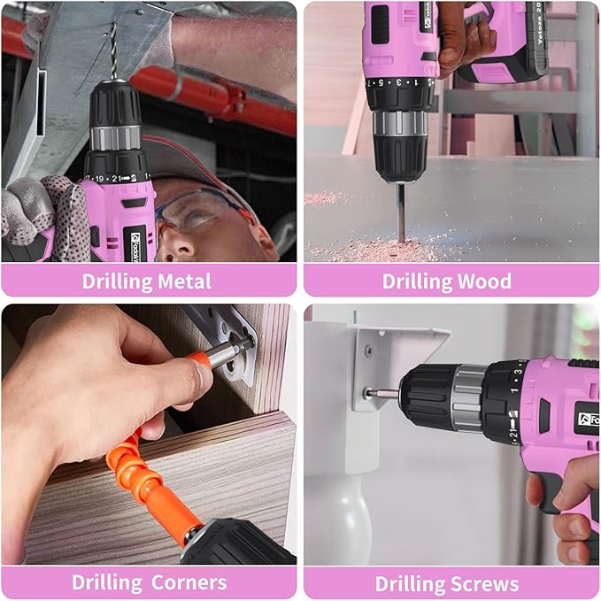Cordless Drill Set, 20V Electric Power Drill With Battery And Charger, 30N Torque, 21+1 Settings, 3/8-Inch Keyless Chuck, Driver Bits Kit, LED Light (Pink)