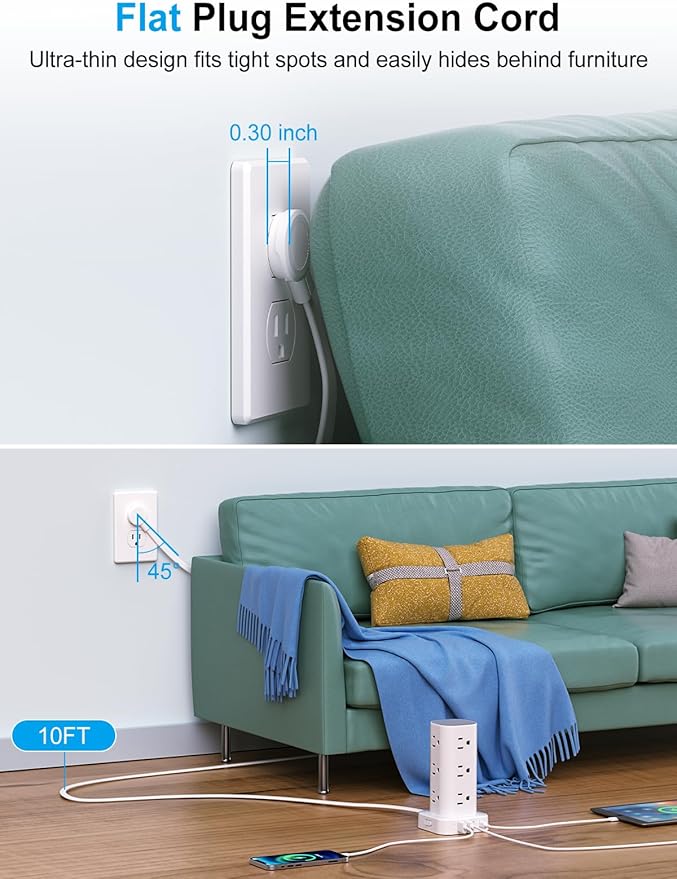 Power Strip Tower with Multiple Outlets, Flat Plug Surge Protector Tower Extension Cord with 12 AC Outlets 4 USB Ports (2 USB C), 10FT Cord Power Tower Surge Protector for Home Office Dorm Room, White