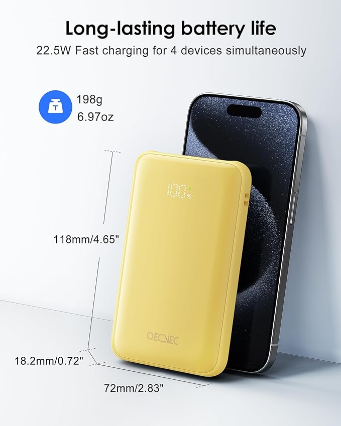 Portable Charger 10000mAh, Cell Phone Portable Power Banks with 22.5W PD Fast Charging, Compact Phone Charger Built in Cable, Compatible with Apple, Samsung, Google, Motorola and More-Yellow